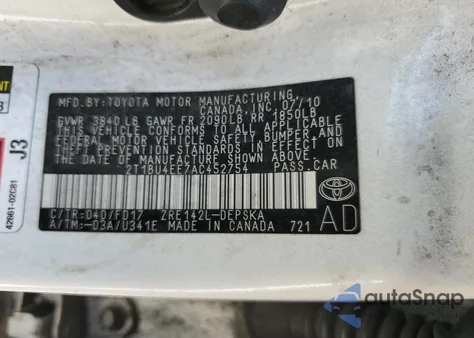 2010 Toyota Corolla Base из США, поврежденный, VIN 2T1BU4EE7AC452754